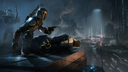 A dramatic sci-fi scene featuring a armored figure with a gun, poised over a fallen companion, set against a stunning Star Wars-inspired cityscape backdrop.
