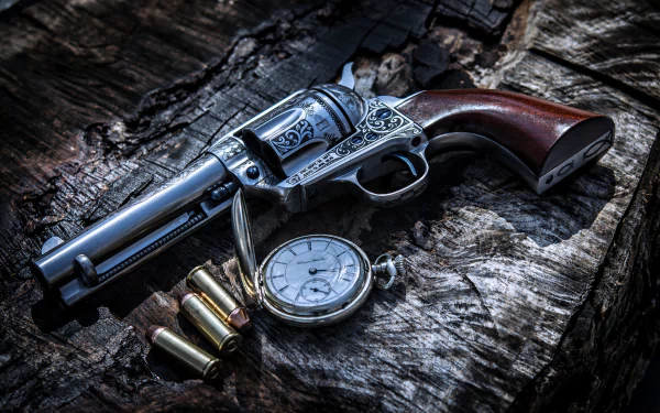 A striking still life featuring a vintage revolver, a classic pocket watch, and ammunition, displayed on a textured wooden surface, creating a bold military aesthetic.