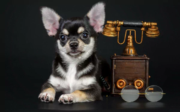 HD desktop wallpaper featuring a black and white Chihuahua puppy lying next to a vintage telephone and round glasses on a black background.