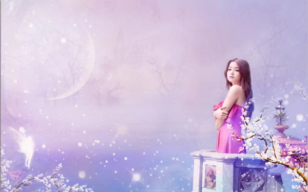 A serene HD desktop wallpaper of a Vietnamese woman in a pink dress standing beside blossoming trees under a magical, pastel-toned sky.