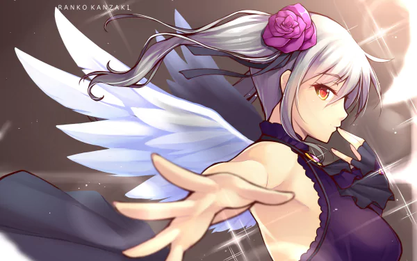 A striking anime depiction of Ranko Kanzaki from The iDOLM@STER Cinderella Girls, showcasing her with elegant wings and a hand extended in an enchanting pose against a shimmering background.