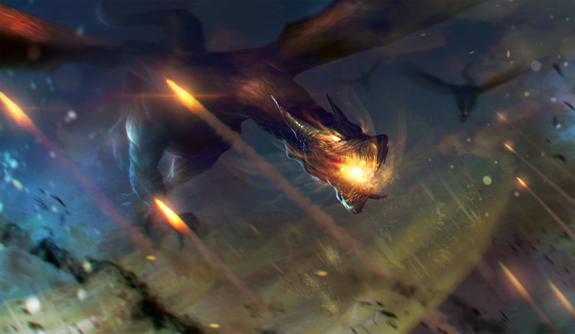 HD desktop wallpaper featuring a dynamic fantasy scene with a dragon soaring through a stormy sky, illuminated by lightning.