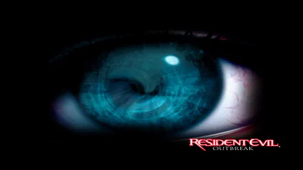 Close-up of a blue eye with digital effects, styled as an HD PC desktop wallpaper for the video game Resident Evil Outbreak.