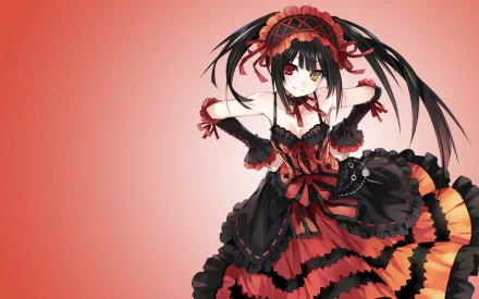 HD desktop wallpaper featuring Kurumi Tokisaki from Date A Live. She has black, long hair, heterochromia, and is wearing a stylish red and black dress.