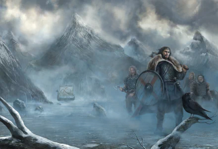 HD fantasy PC wallpaper showing a Viking warrior holding an axe and shield beside a drakkar, with a crow perched nearby and misty mountains in the background.