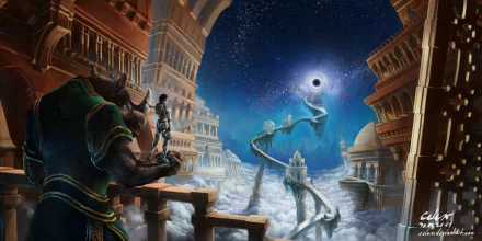 HD PC desktop wallpaper depicting a giant fantasy landscape with colossal figures overlooking a mystical city above the clouds and a swirling black hole in the starry sky.