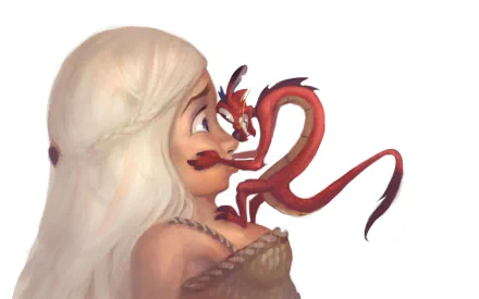 A HD desktop wallpaper featuring a crossover of Daenerys Targaryen from Game of Thrones and Mushu from Disney's Mulan. Daenerys stands side profile with Mushu on her shoulder, set against a plain white background.