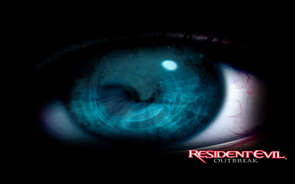 Close-up of a blue eye with digital effects, styled as an HD PC desktop wallpaper for the video game Resident Evil Outbreak.