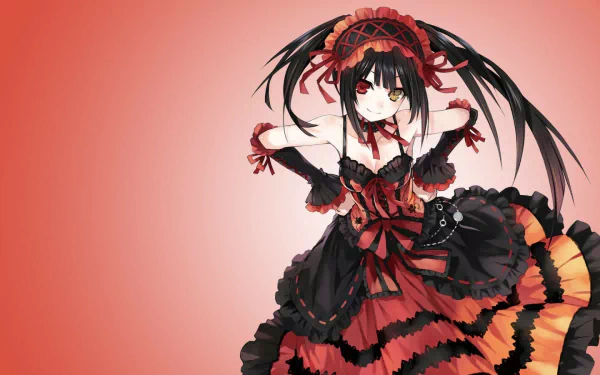 HD desktop wallpaper featuring Kurumi Tokisaki from Date A Live. She has black, long hair, heterochromia, and is wearing a stylish red and black dress.
