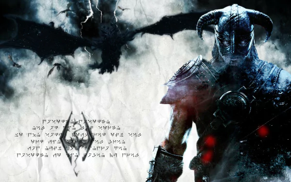 A dramatic poster for The Elder Scrolls V: Skyrim featuring the Dovahkiin facing Alduin the World-Eater, set against a backdrop of dragons and ancient scripts.