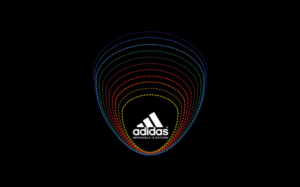 Colorful concentric lines radiate from the Adidas logo on a black background, creating a striking HD desktop wallpaper that showcases the brand's iconic design.