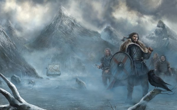 Fantasy Viking Mountain Warrior Drakkar Axe Shield Crow HD Wallpaper | Background Image