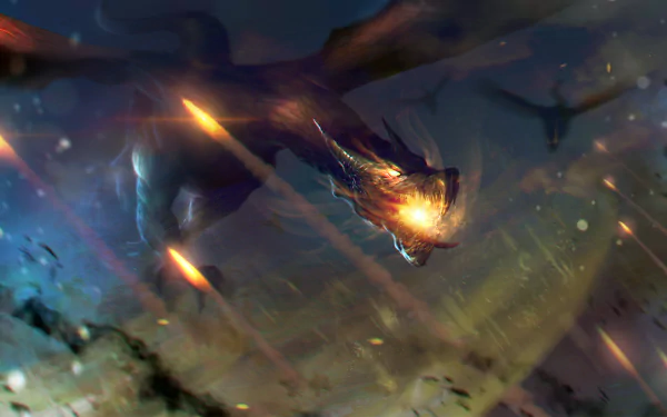 HD desktop wallpaper featuring a dynamic fantasy scene with a dragon soaring through a stormy sky, illuminated by lightning.