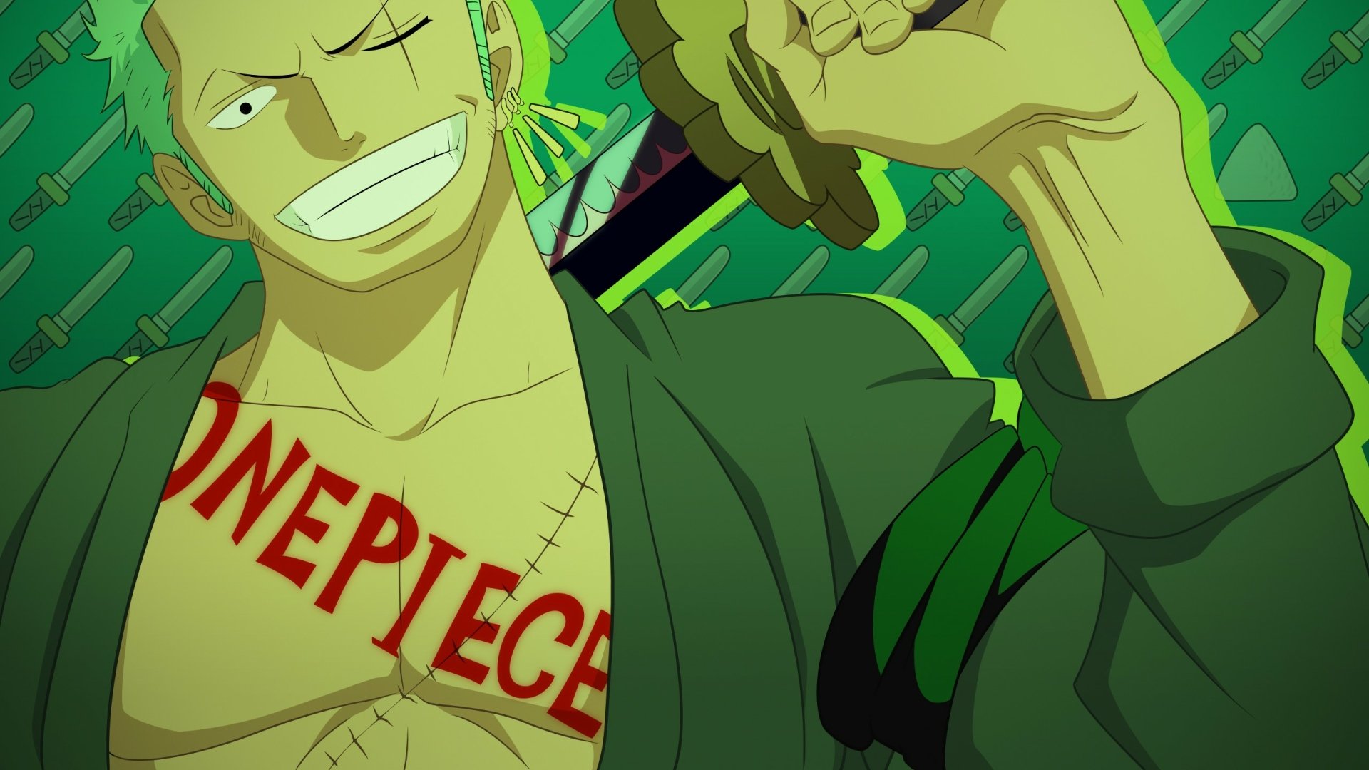 HD desktop wallpaper featuring Roronoa Zoro from the anime One Piece, showcasing his confident smile and swords, with the ONE PIECE logo prominently displayed on his chest.