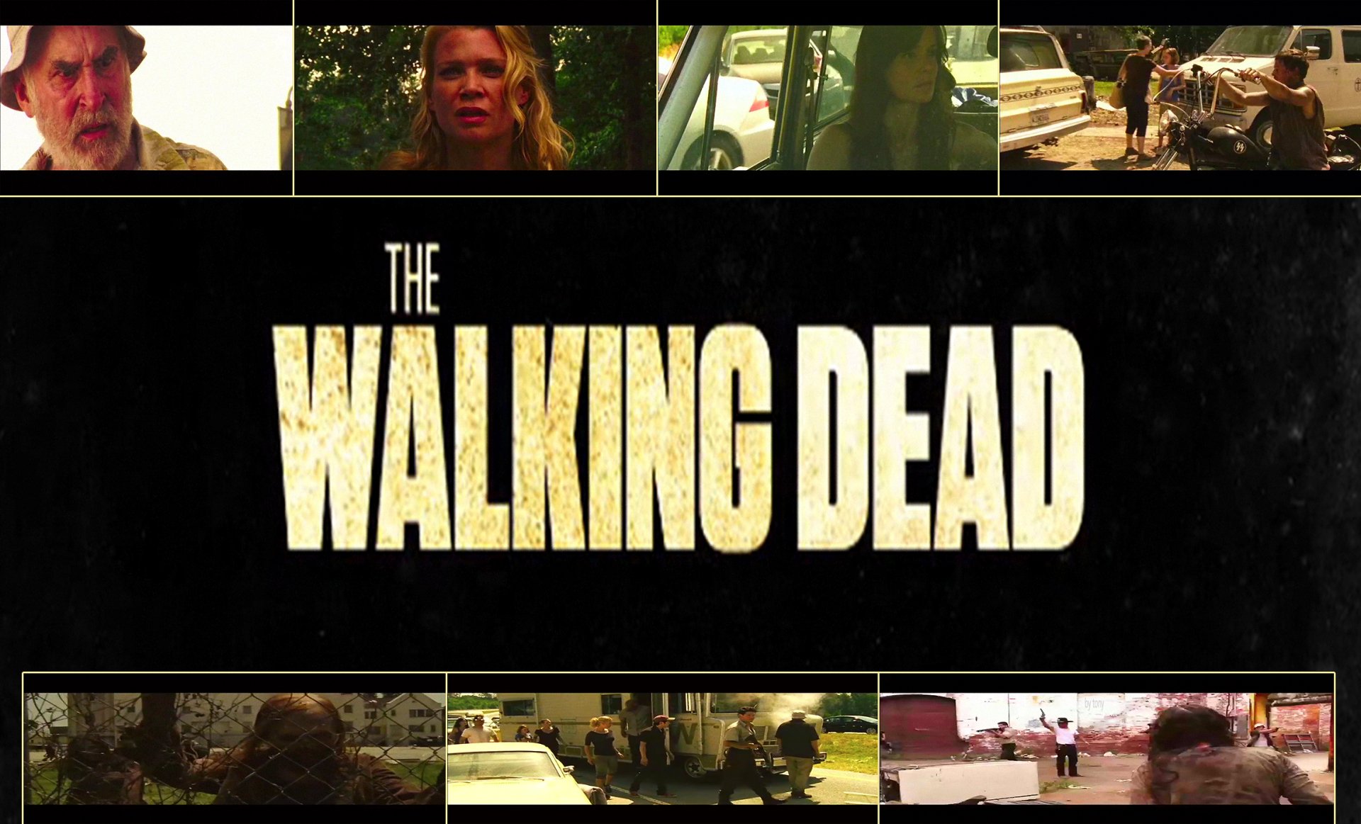 HD desktop wallpaper featuring scenes and characters from the TV show The Walking Dead with the bold series title centered on a dark background.