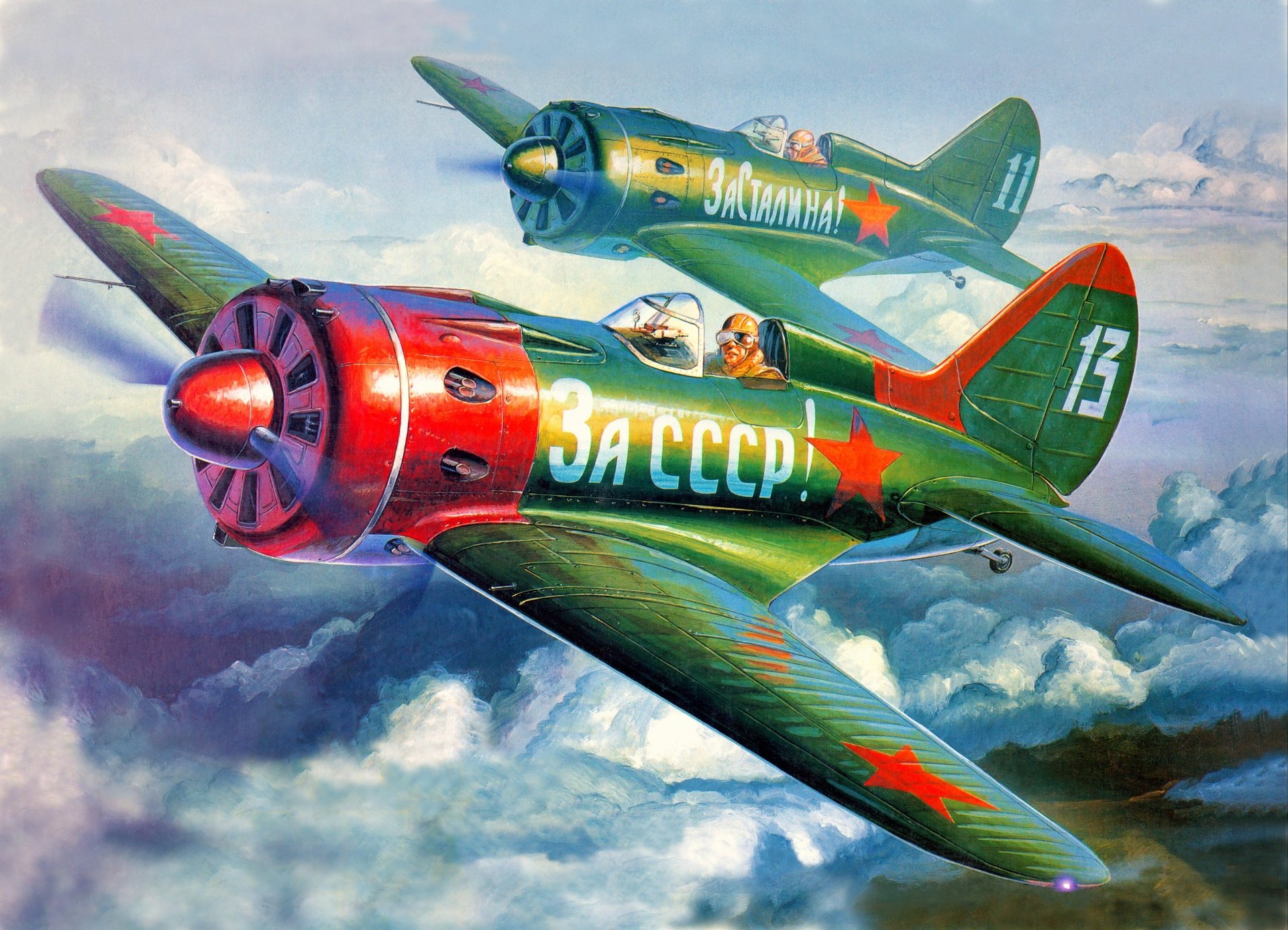 4K Ultra HD military-themed PC wallpaper featuring two Polikarpov I-16 fighter planes flying above clouds, marked with red stars and Soviet Union insignia.