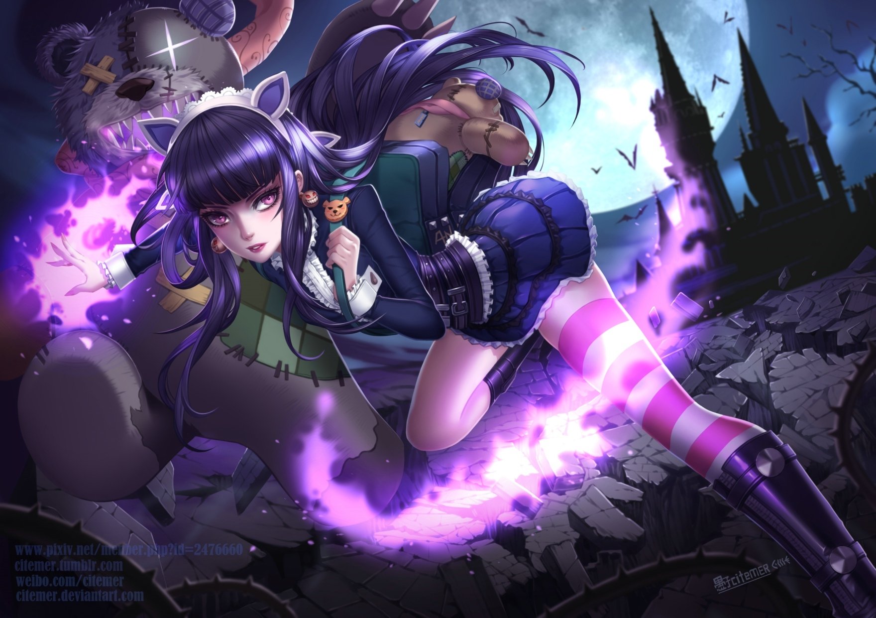 Dark-themed HD wallpaper featuring Annie from the video game League of Legends, surrounded by eerie purple flames with a dark, haunted castle in the background.