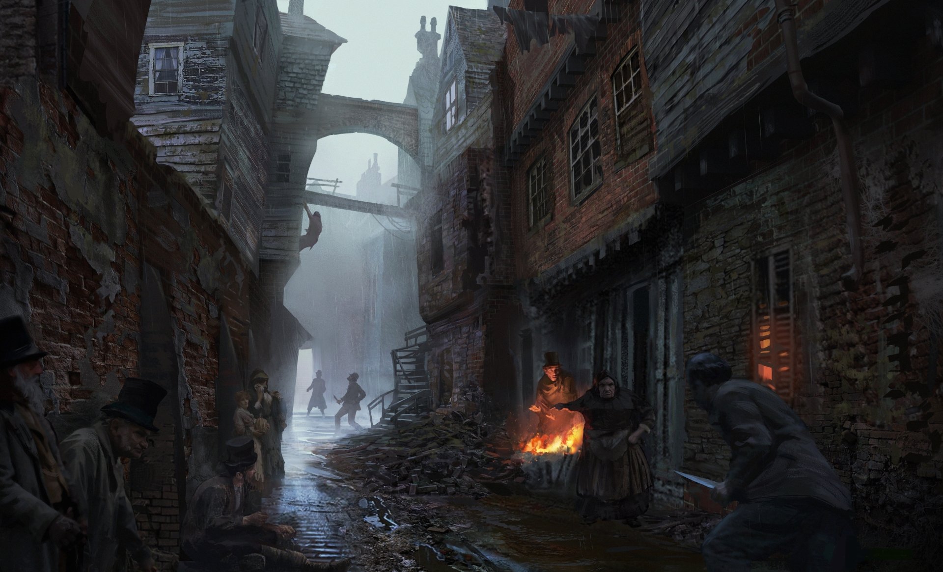 Dark, detailed 4K Ultra HD PC wallpaper from the video game Assassin's Creed: Syndicate, depicting a foggy, narrow street with shadowy figures and warm firelight.