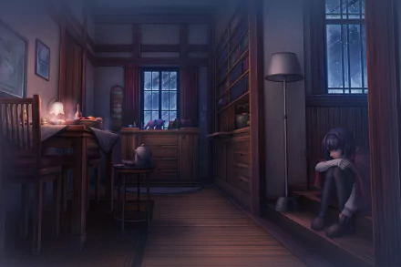A cozy anime room illuminated by a lamp at night, featuring a quiet atmosphere with a girl sitting thoughtfully. This HD desktop wallpaper captures a serene, introspective moment.