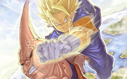 HD desktop wallpaper featuring characters from Dragon Ball Z, showcasing an intense scene with a powerful character delivering a strike against a formidable opponent.