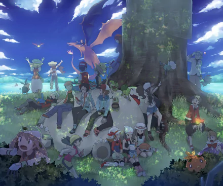 HD desktop wallpaper featuring Pokémon anime characters gathered around a large tree, with vibrant scenery and a majestic Charizard flying overhead.