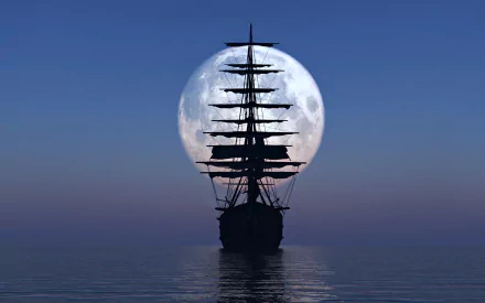 A majestic sailboat silhouetted against a full moon, gliding over calm ocean waters. This stunning 4K Ultra HD wallpaper captures a serene maritime scene.