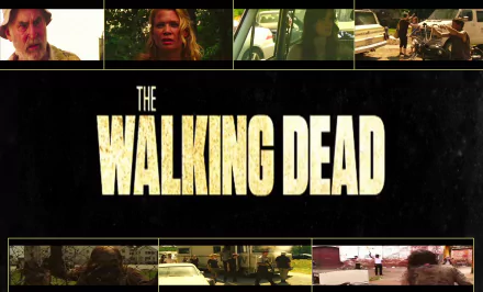 HD desktop wallpaper featuring scenes and characters from the TV show The Walking Dead with the bold series title centered on a dark background.