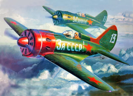 4K Ultra HD military-themed PC wallpaper featuring two Polikarpov I-16 fighter planes flying above clouds, marked with red stars and Soviet Union insignia.