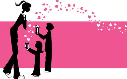 Silhouette of children giving gifts to their mother with pink hearts floating above, designed as a 4K Ultra HD Mother's Day holiday desktop wallpaper.