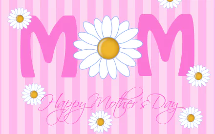 2K Quad HD Mother's Day holiday PC wallpaper: pink striped background with MOM (daisy as O), scattered daisies and cursive Happy Mother's Day.