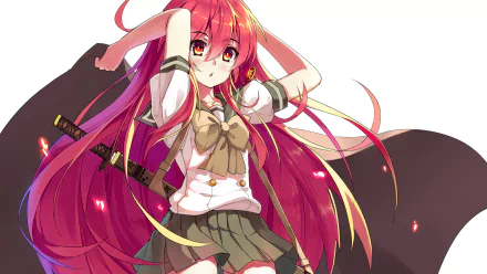HD anime wallpaper of Shana from Shakugan No Shana with long red hair, red eyes, wearing a school uniform and holding a sword, set against a white background.
