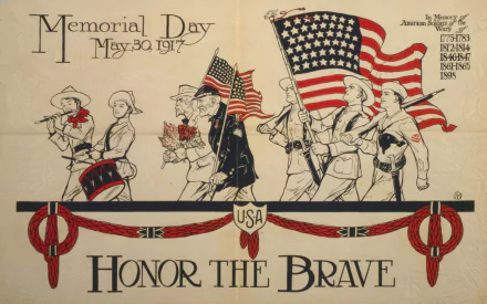 HD Memorial Day desktop wallpaper featuring a vintage illustration of soldiers marching with American flags, honoring bravery and sacrifice, dated May 30, 1917.