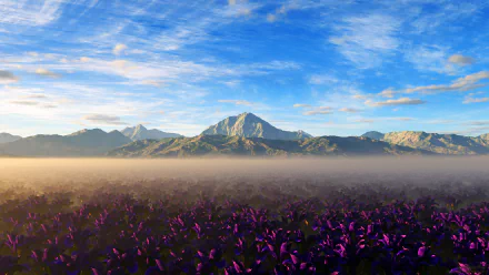 HD desktop wallpaper featuring a scenic landscape with a foggy field of pink flowers, majestic mountains in the background, and a cloud-streaked sky.