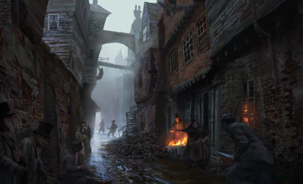 Dark, detailed 4K Ultra HD PC wallpaper from the video game Assassin's Creed: Syndicate, depicting a foggy, narrow street with shadowy figures and warm firelight.