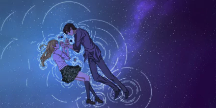 A beautifully designed HD wallpaper featuring Himiko and Ryōta Sakamoto from the anime Btooom!, surrounded by swirling cosmic patterns against a starry backdrop.