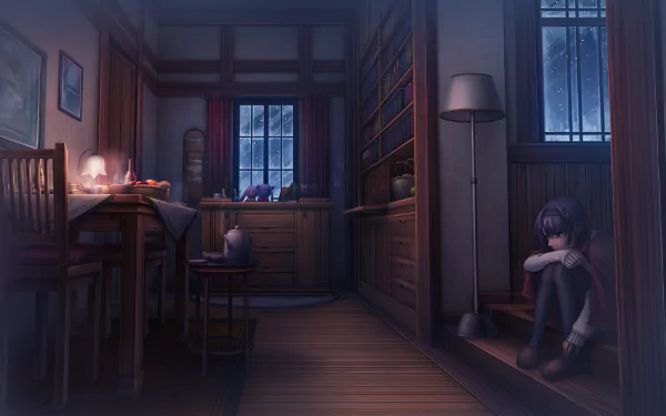 A cozy anime room illuminated by a lamp at night, featuring a quiet atmosphere with a girl sitting thoughtfully. This HD desktop wallpaper captures a serene, introspective moment.