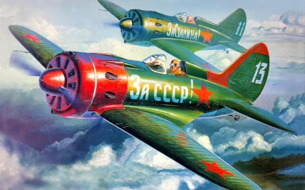 4K Ultra HD military-themed PC wallpaper featuring two Polikarpov I-16 fighter planes flying above clouds, marked with red stars and Soviet Union insignia.