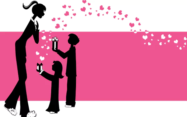 Silhouette of children giving gifts to their mother with pink hearts floating above, designed as a 4K Ultra HD Mother's Day holiday desktop wallpaper.