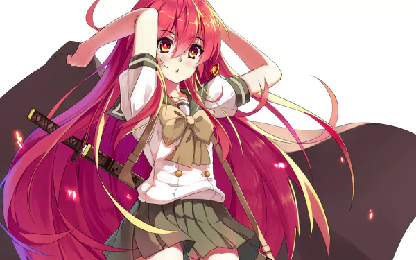 HD anime wallpaper of Shana from Shakugan No Shana with long red hair, red eyes, wearing a school uniform and holding a sword, set against a white background.