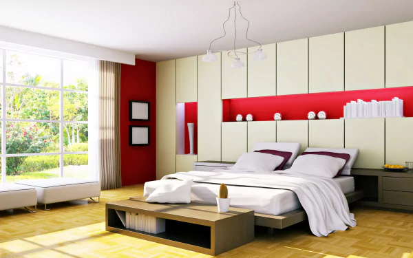 Modern bedroom interior with stylish furniture, featuring a large bed, built-in cabinets, and a bright window overlooking a garden, shown in 4K Ultra HD resolution.