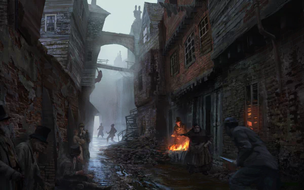 Dark, detailed 4K Ultra HD PC wallpaper from the video game Assassin's Creed: Syndicate, depicting a foggy, narrow street with shadowy figures and warm firelight.