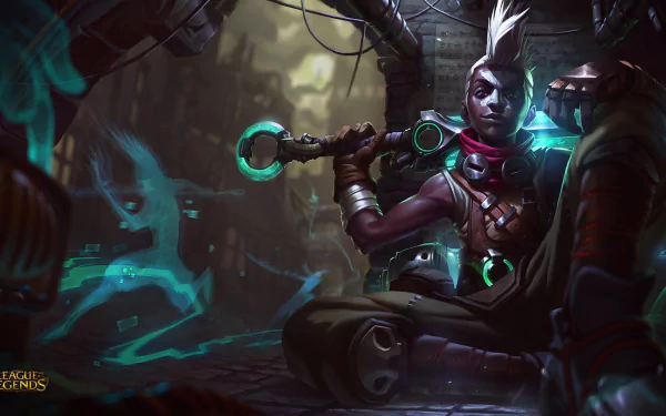 HD wallpaper featuring Ekko from League of Legends in a steampunk setting, sitting in an industrial environment within Piltover & Zaun. The image showcases intricate details and a vibrant, dark atmosphere.