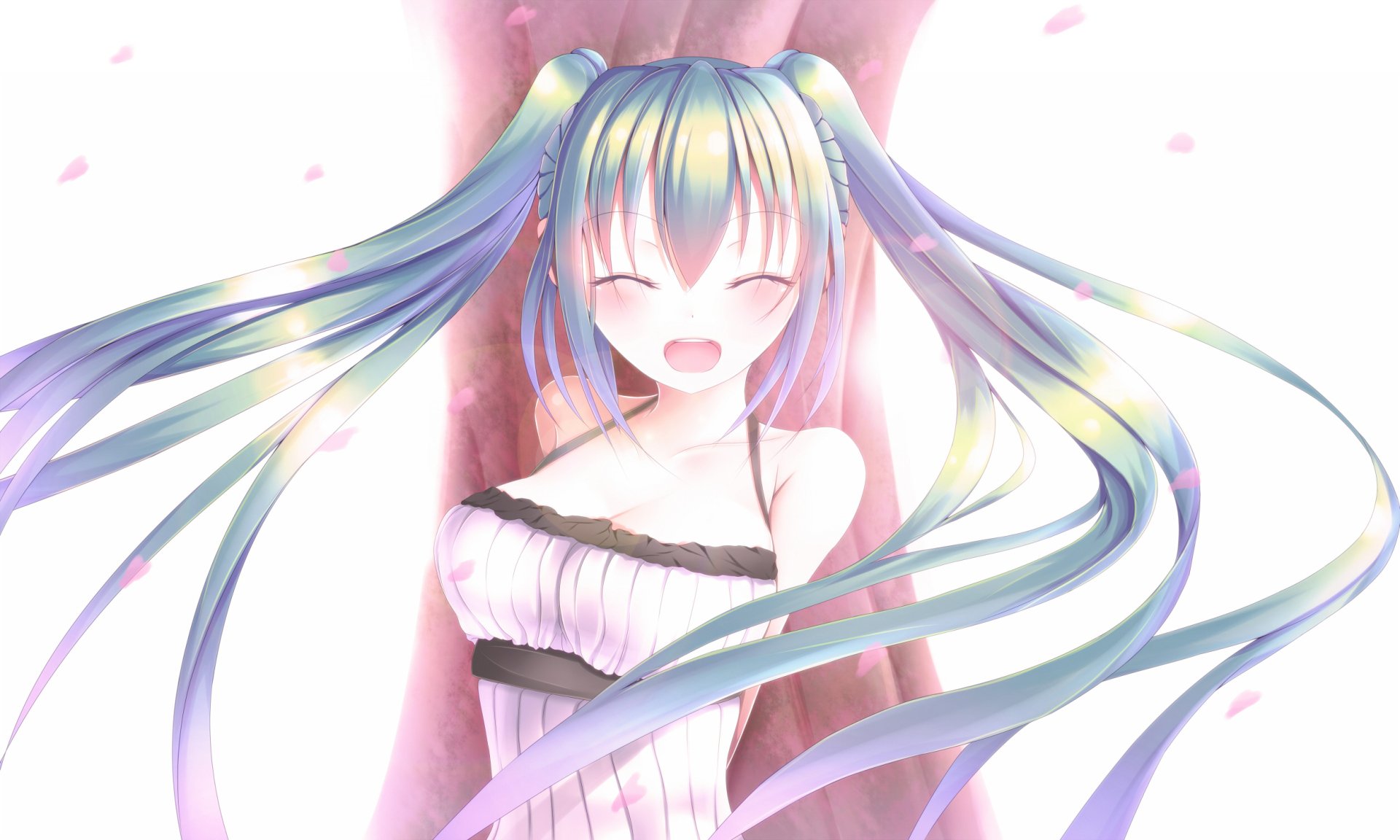HD anime wallpaper of Hatsune Miku with long blue hair and a white dress, smiling brightly with petals falling around her, representing the Vocaloid character.