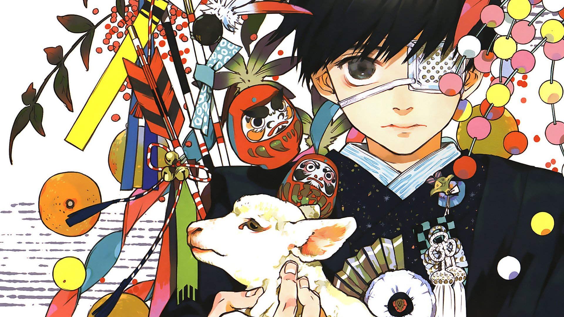 HD desktop wallpaper featuring Ken Kaneki from the anime Tokyo Ghoul, showcasing colorful decorations in the background and Kaneki holding an adorable lamb.