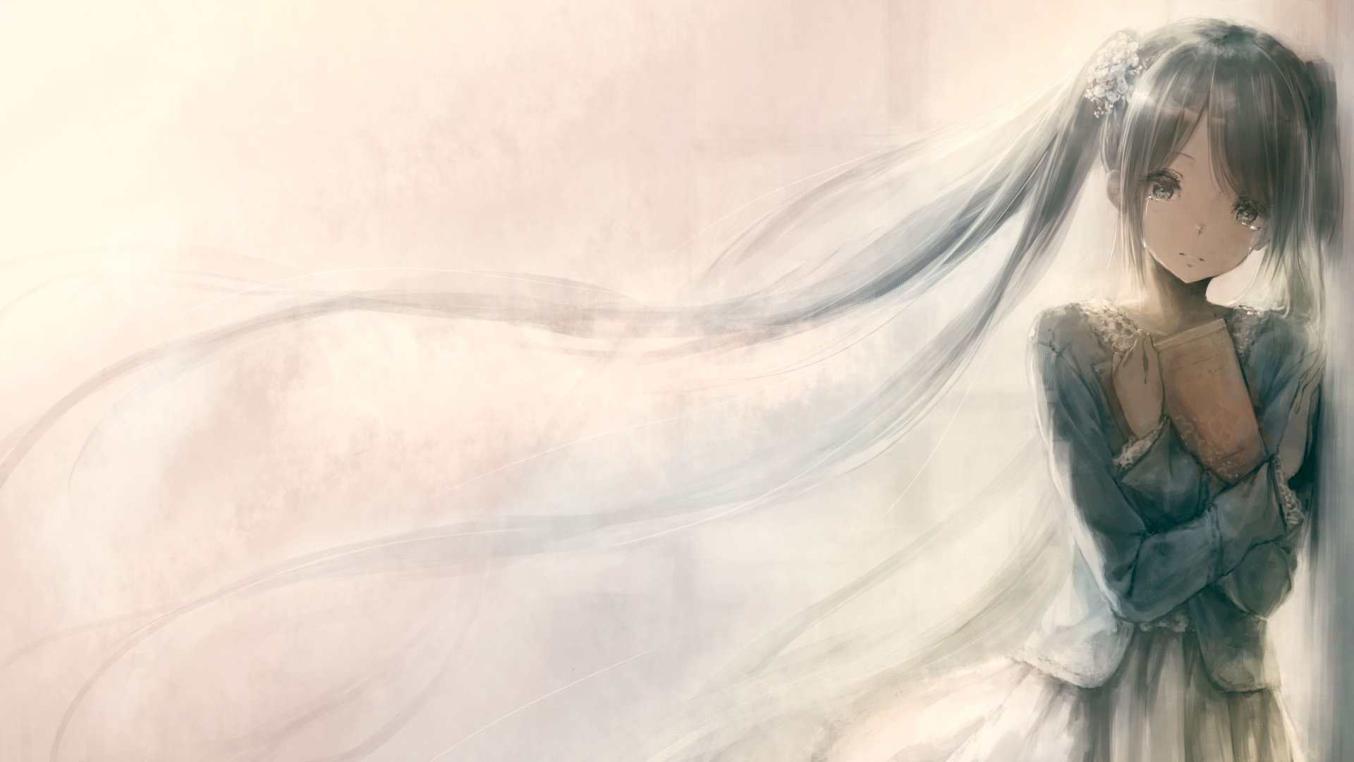 A stunning HD wallpaper featuring Hatsune Miku from the anime and Vocaloid series, depicted in an ethereal, dreamy style with flowing garments and soft colors.