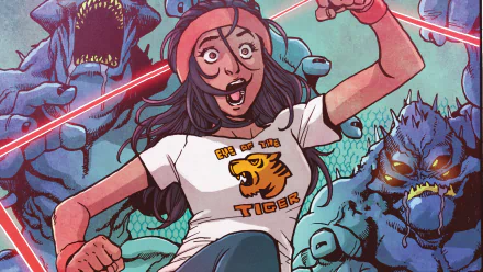 HD PC desktop wallpaper featuring a vibrant comic-style Ms. Marvel in action, surrounded by monsters and dynamic energy beams.