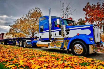 A vibrant blue Kenworth truck parked amid colorful fall foliage, showcasing the beauty of autumn with fallen leaves scattered along the roadside. High-definition desktop wallpaper.