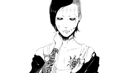 HD desktop wallpaper featuring Uta from the anime Tokyo Ghoul, showcasing detailed black and white artwork with Uta's distinctive tattoos and striking appearance.
