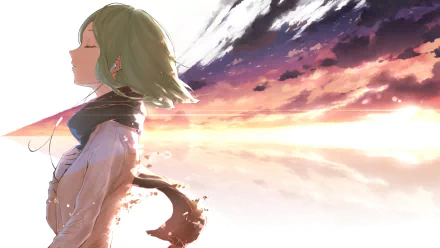 A serene scene featuring GUMI from Vocaloid, depicted in anime style with a vibrant background of clouds and colors, creating a captivating HD desktop wallpaper.