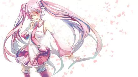 Sakura Miku, an enchanting Vocaloid character, stands with flowing pink hair amidst swirling cherry blossom petals, creating a vibrant HD anime desktop wallpaper.